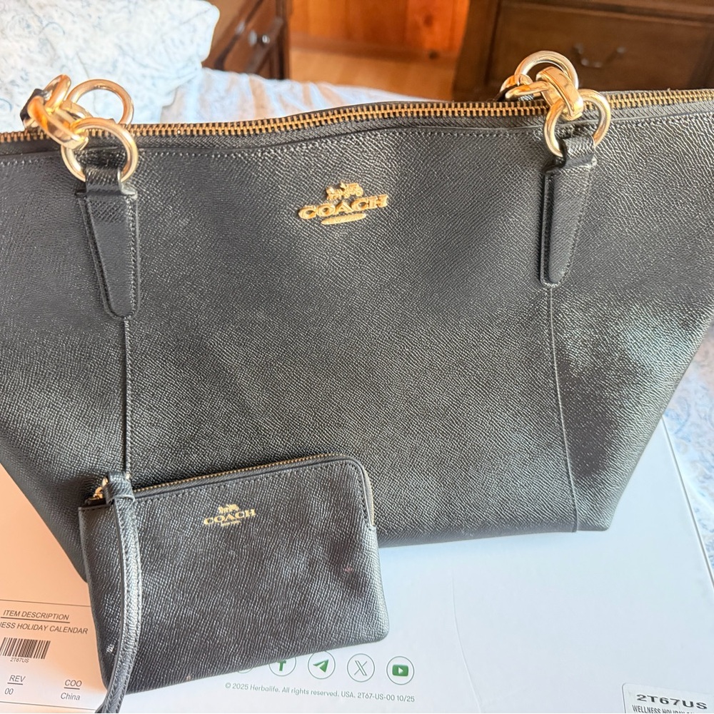 Coach Black Leather Tote with Pouch - Picture 2 of 4